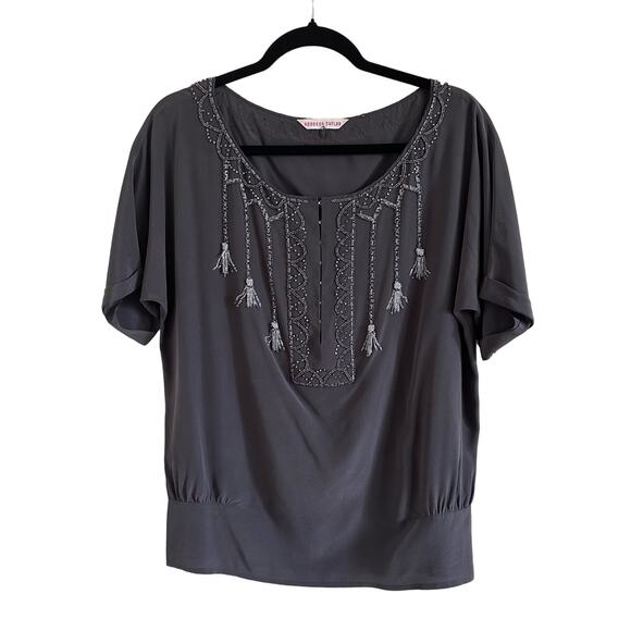 Rebecca Taylor Gray Silk Beaded Blouse Size 8 - Picture 1 of 9